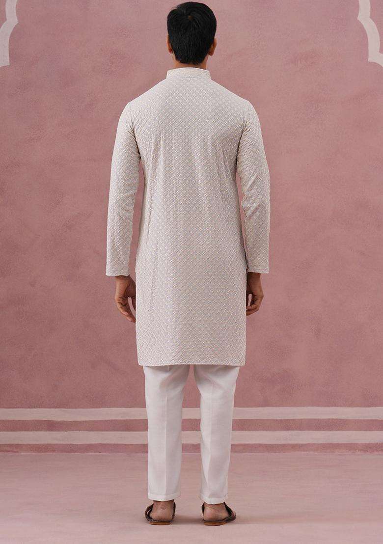 Grey Embroidery Silk Blend Kurta Pyjama Set For Men - Indya