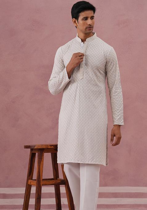 Grey Embroidery Silk Blend Kurta Pyjama Set For Men