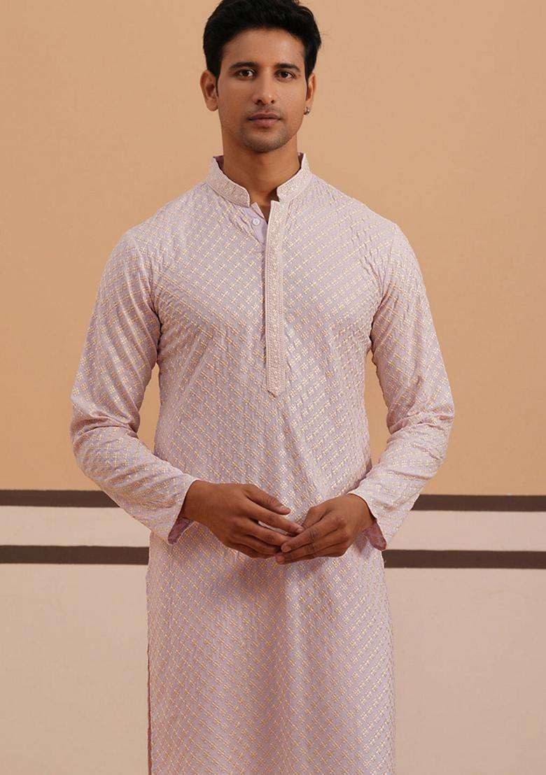 Purple Embroidery Viscose Kurta Pyjama Set For Men - Indya