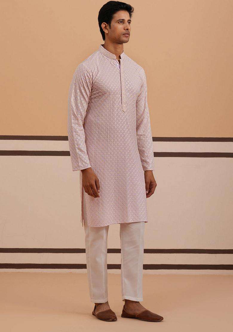 Purple Embroidery Viscose Kurta Pyjama Set For Men - Indya