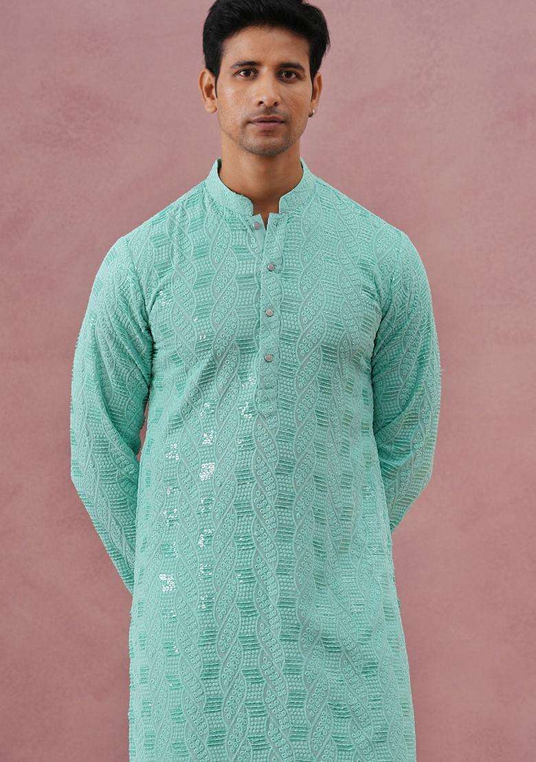 Green Embroidery Viscose Kurta Pyjama Set For Men - Indya