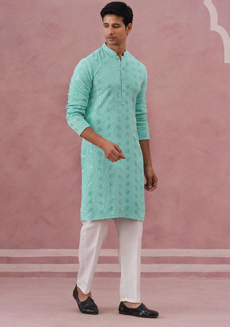 Green Embroidery Viscose Kurta Pyjama Set For Men - Indya