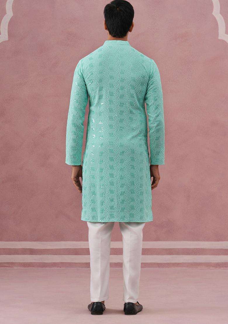 Green Embroidery Viscose Kurta Pyjama Set For Men - Indya