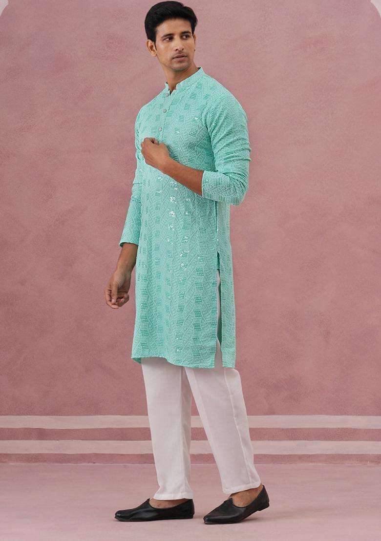 Green Embroidery Viscose Kurta Pyjama Set For Men - Indya