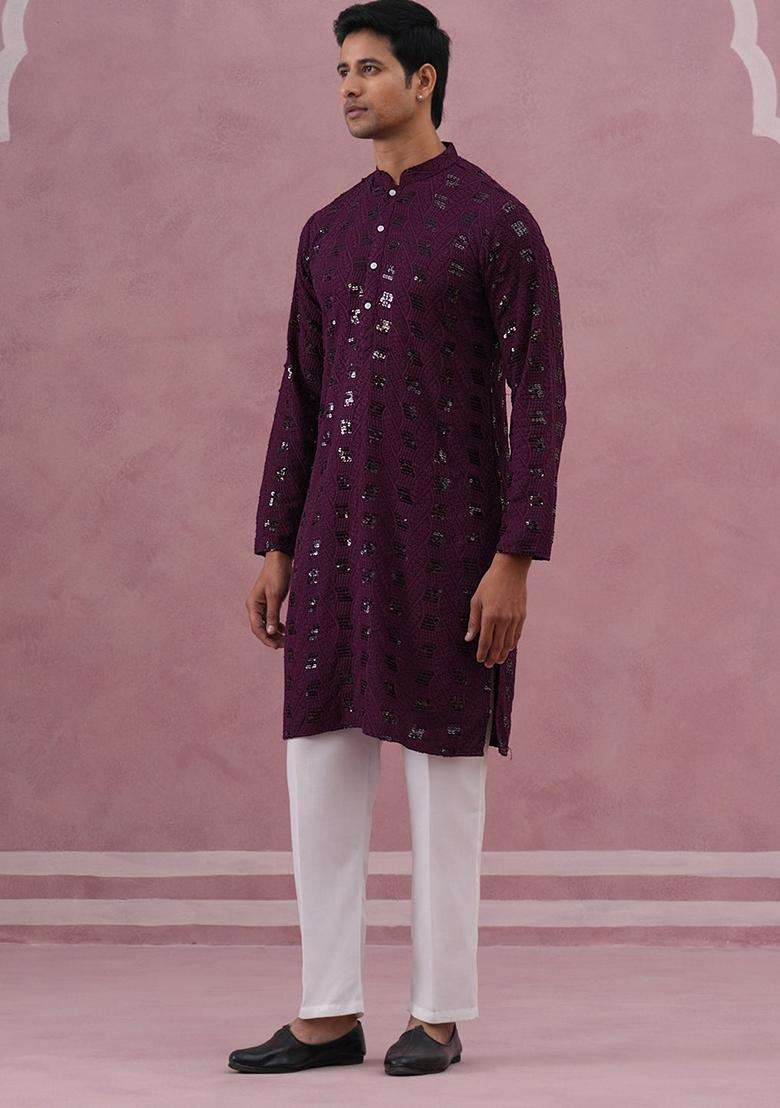 Purple Embroidery Viscose Kurta Pyjama Set For Men - Indya