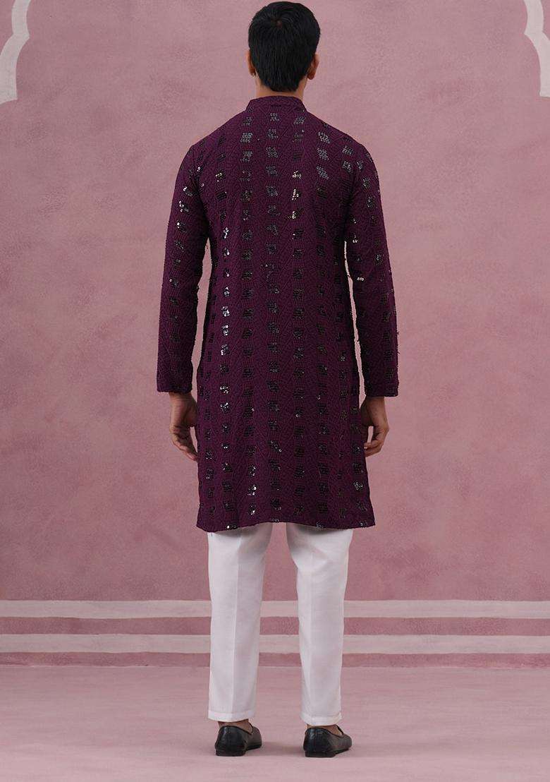Purple Embroidery Viscose Kurta Pyjama Set For Men - Indya