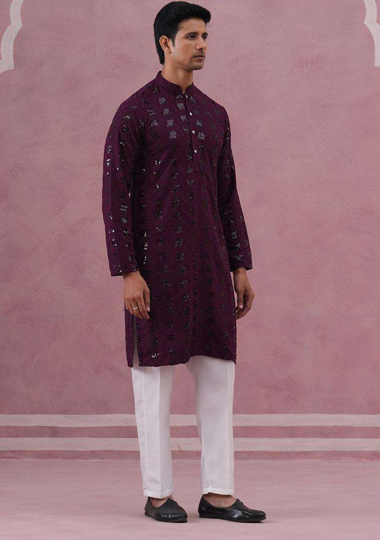 Purple Embroidery Viscose Kurta Pyjama Set For Men - Indya