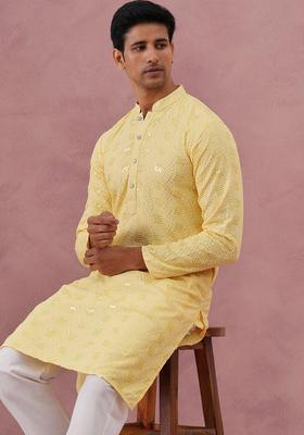 Yellow Embroidery Viscose Kurta Pyjama Set For Men