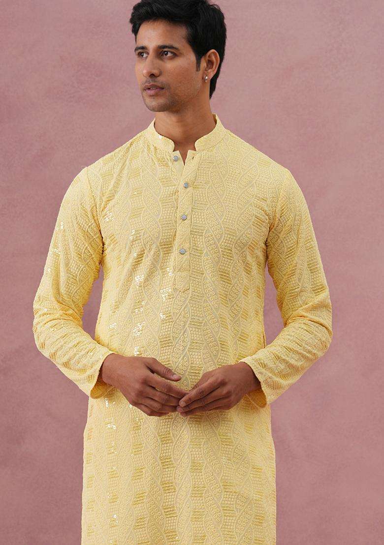 Yellow Embroidery Viscose Kurta Pyjama Set For Men - Indya