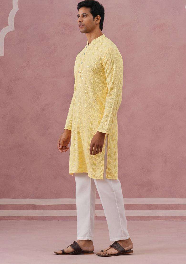 Yellow Embroidery Viscose Kurta Pyjama Set For Men - Indya