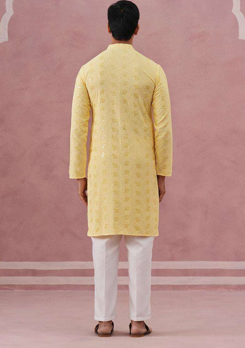 Yellow Embroidery Viscose Kurta Pyjama Set For Men - Indya