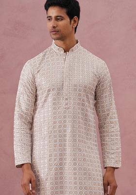 Beige Embroidery Viscose Kurta Pyjama Set For Men