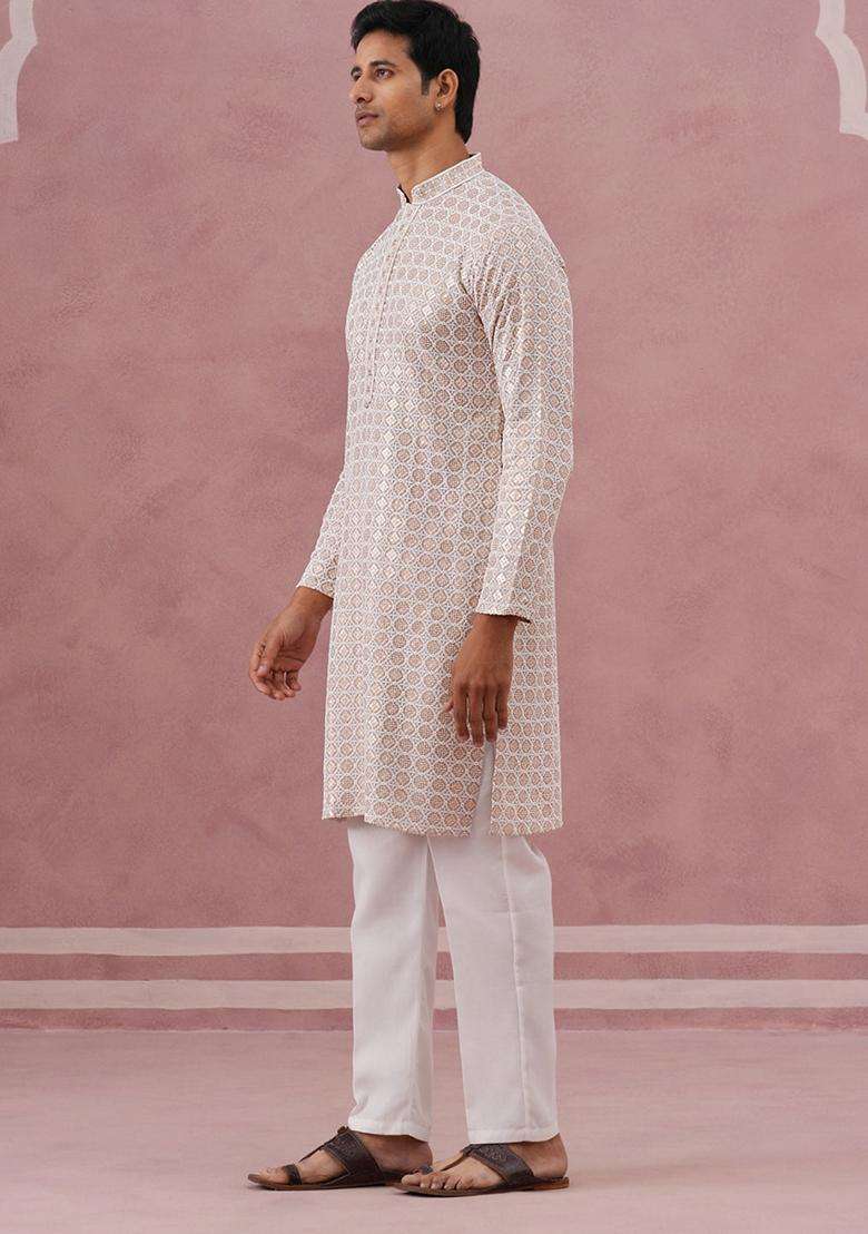Beige Embroidery Viscose Kurta Pyjama Set For Men - Indya