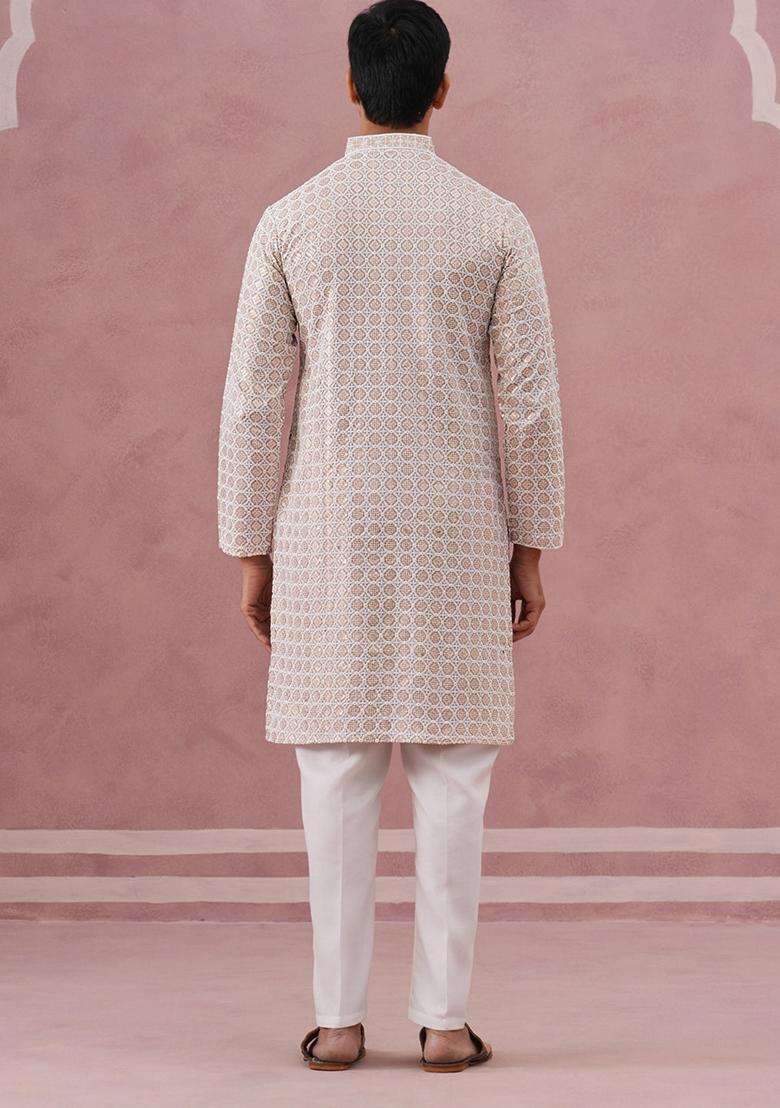 Beige Embroidery Viscose Kurta Pyjama Set For Men - Indya