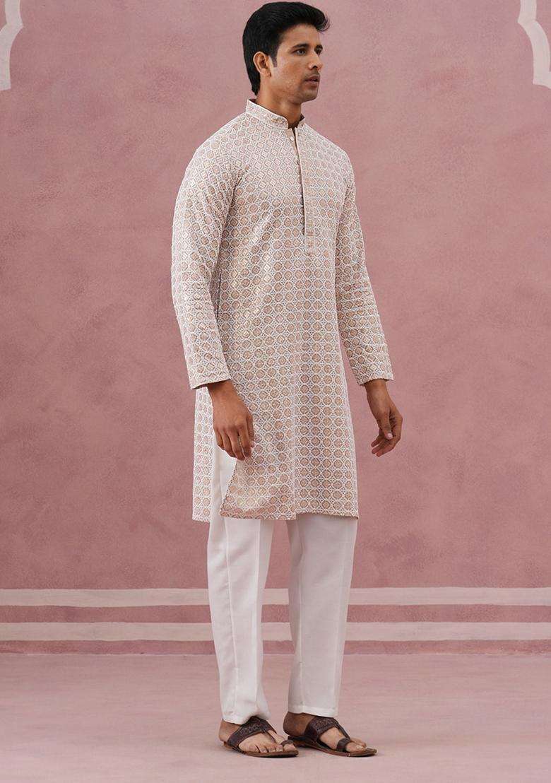Beige Embroidery Viscose Kurta Pyjama Set For Men - Indya