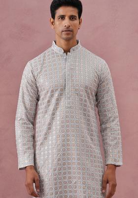 Grey Embroidery Viscose Kurta Pyjama Set For Men