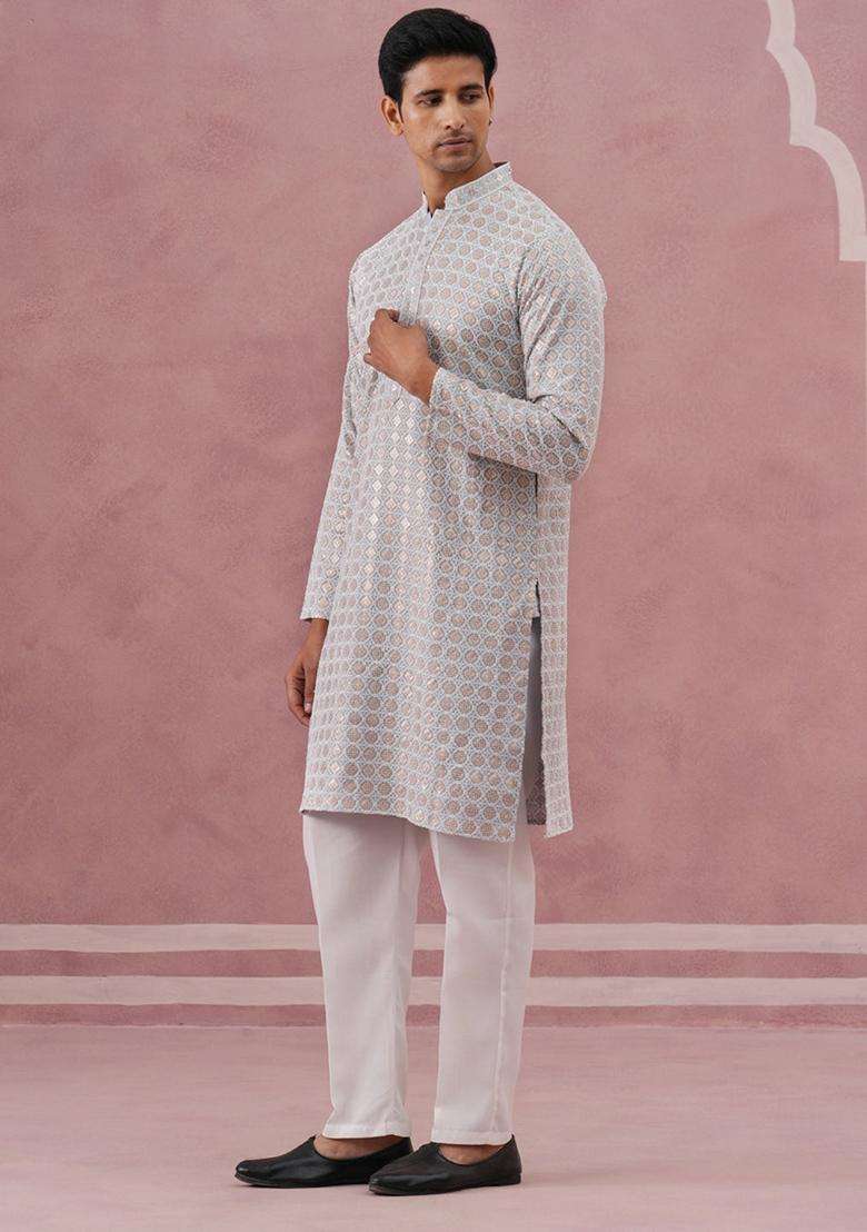 Grey Embroidery Viscose Kurta Pyjama Set For Men - Indya
