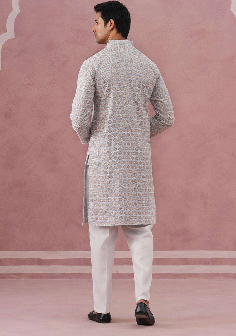 Grey Embroidery Viscose Kurta Pyjama Set For Men - Indya