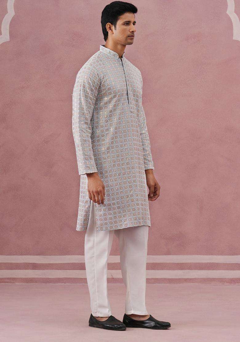 Grey Embroidery Viscose Kurta Pyjama Set For Men - Indya
