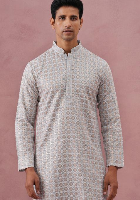 Grey Embroidery Viscose Kurta Pyjama Set For Men