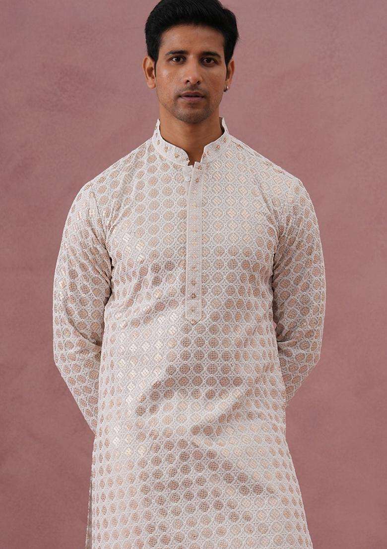 White Embroidery Viscose Kurta Pyjama Set For Men - Indya