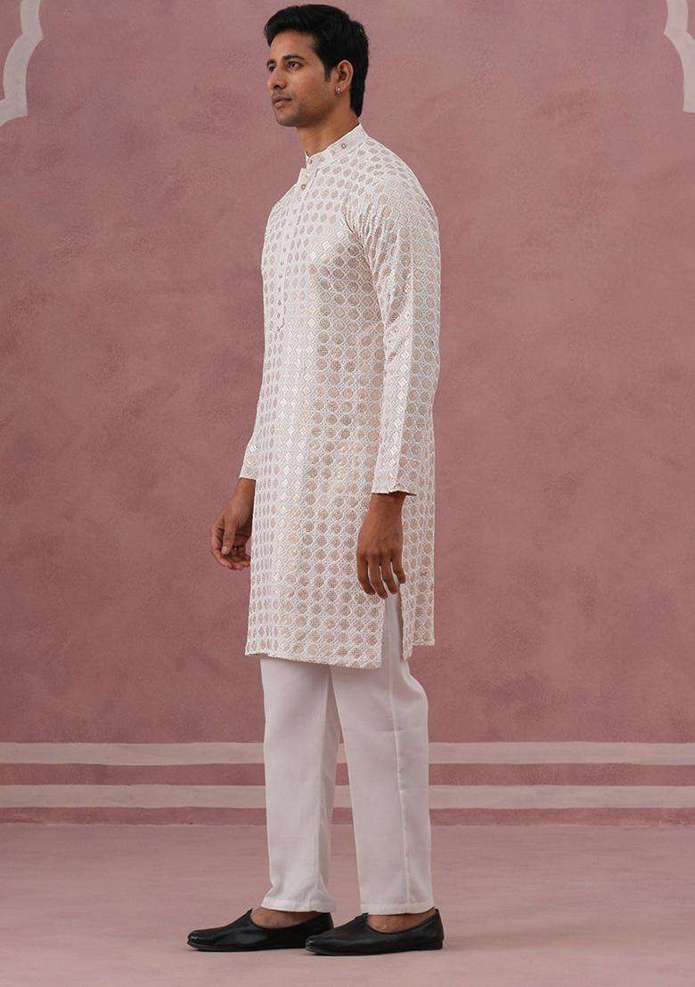 White Embroidery Viscose Kurta Pyjama Set For Men - Indya