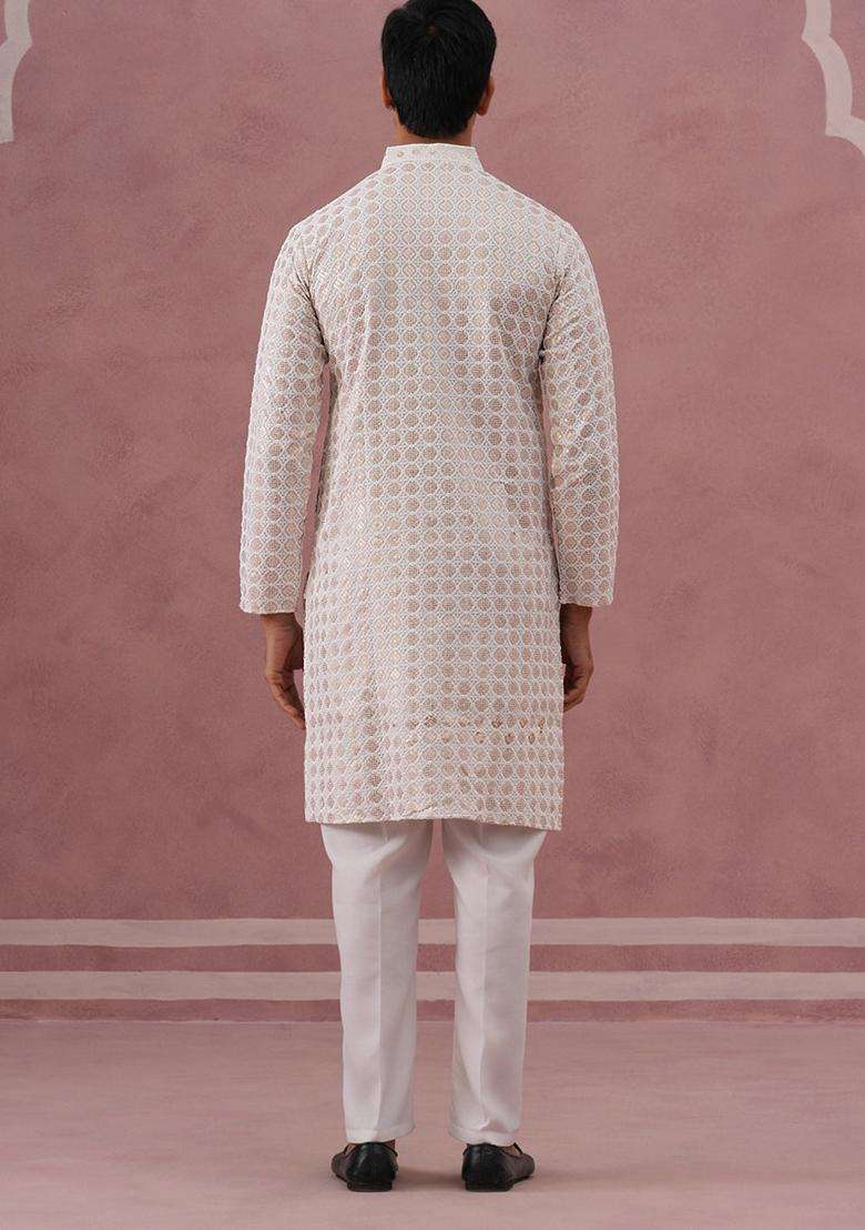 White Embroidery Viscose Kurta Pyjama Set For Men - Indya