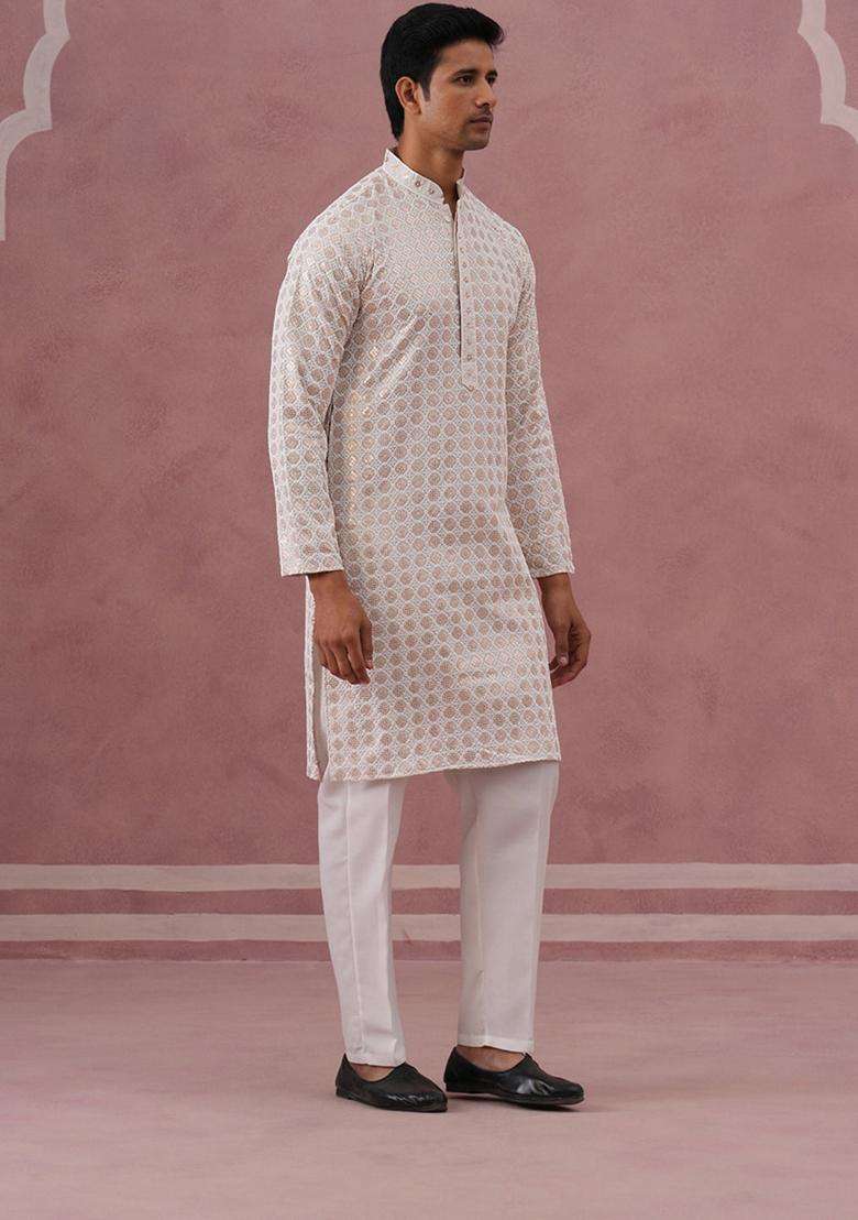 White Embroidery Viscose Kurta Pyjama Set For Men - Indya