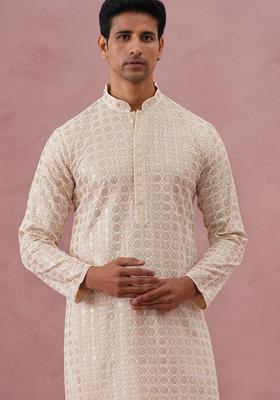 Yellow Embroidery Viscose Kurta Pyjama Set For Men
