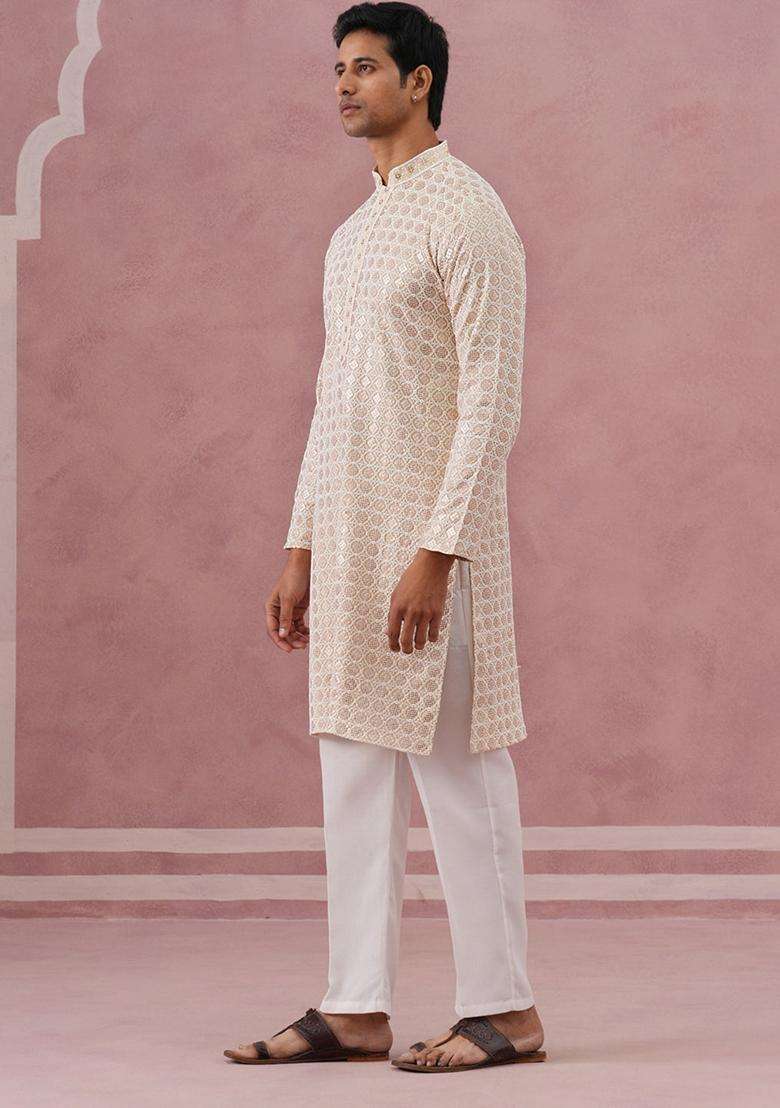 Yellow Embroidery Viscose Kurta Pyjama Set For Men - Indya