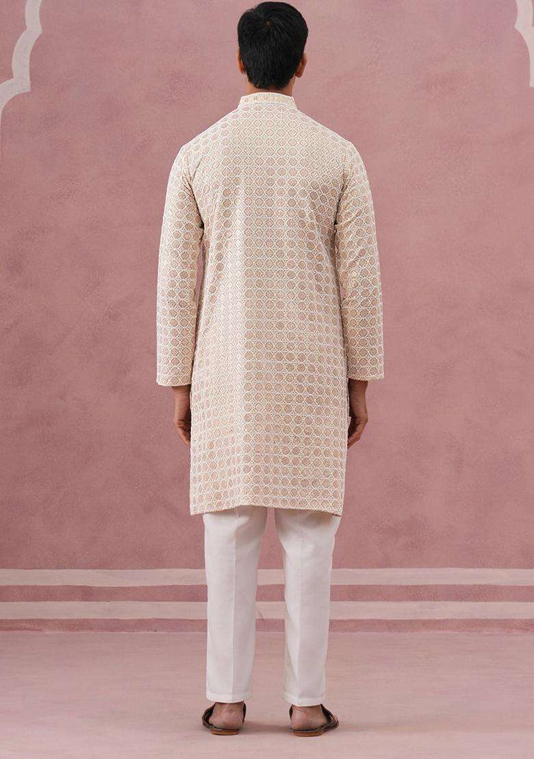 Yellow Embroidery Viscose Kurta Pyjama Set For Men - Indya