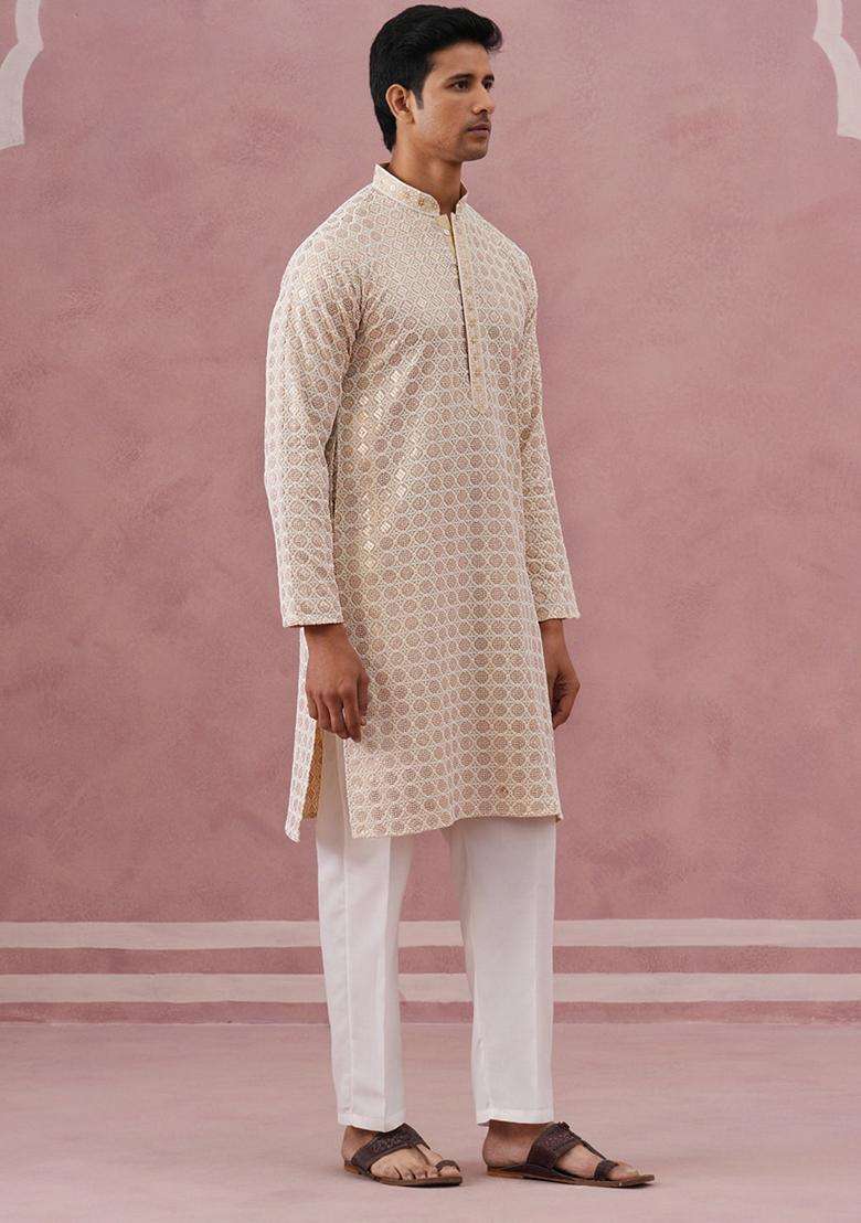 Yellow Embroidery Viscose Kurta Pyjama Set For Men - Indya