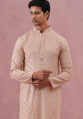 Beige Embroidery Viscose Kurta Pyjama Set For Men