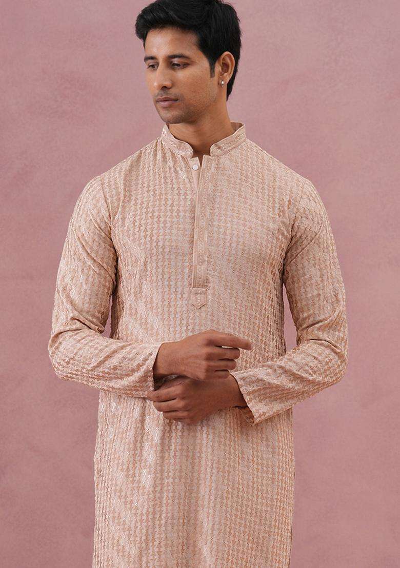 Beige Embroidery Viscose Kurta Pyjama Set For Men - Indya