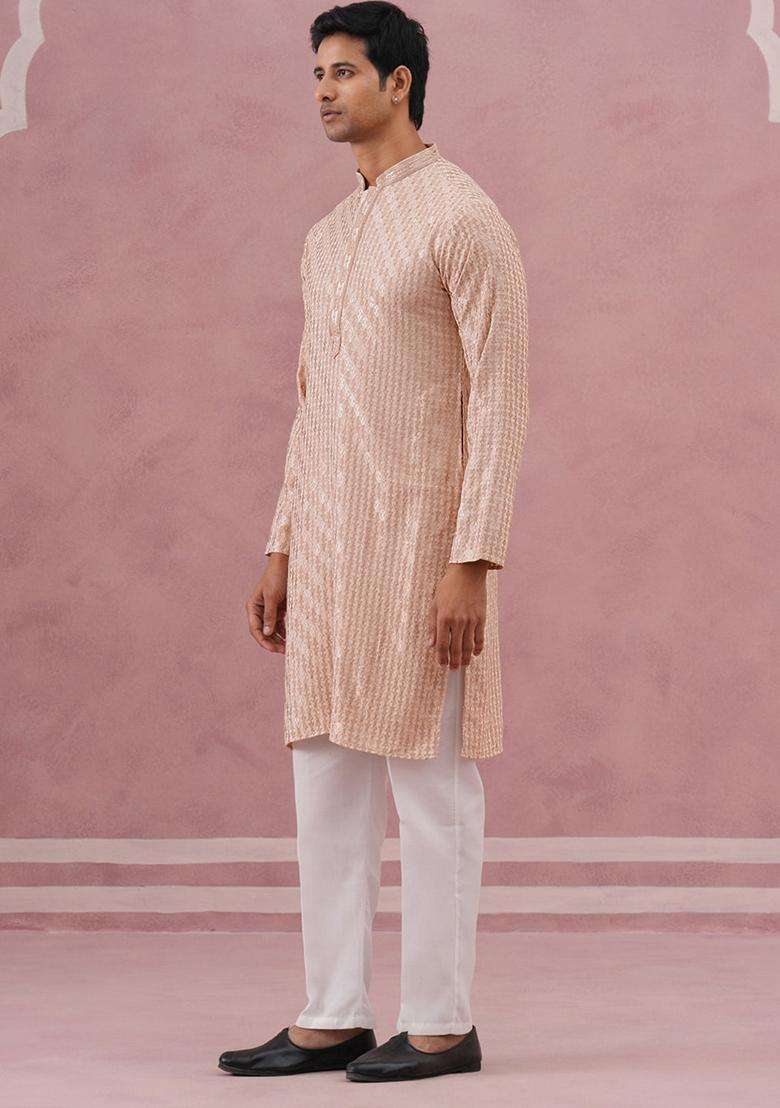Beige Embroidery Viscose Kurta Pyjama Set For Men - Indya