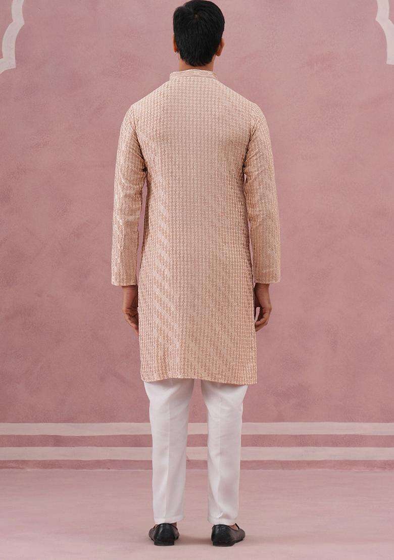 Beige Embroidery Viscose Kurta Pyjama Set For Men - Indya