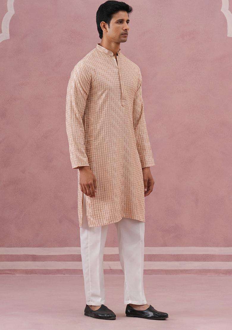 Beige Embroidery Viscose Kurta Pyjama Set For Men - Indya