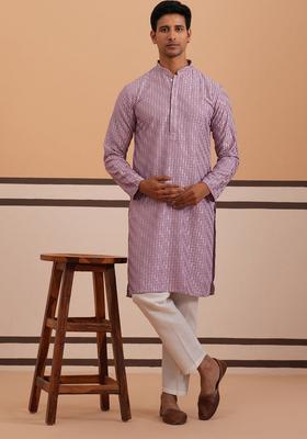 Purple Embroidery Viscose Kurta Pyjama Set For Men
