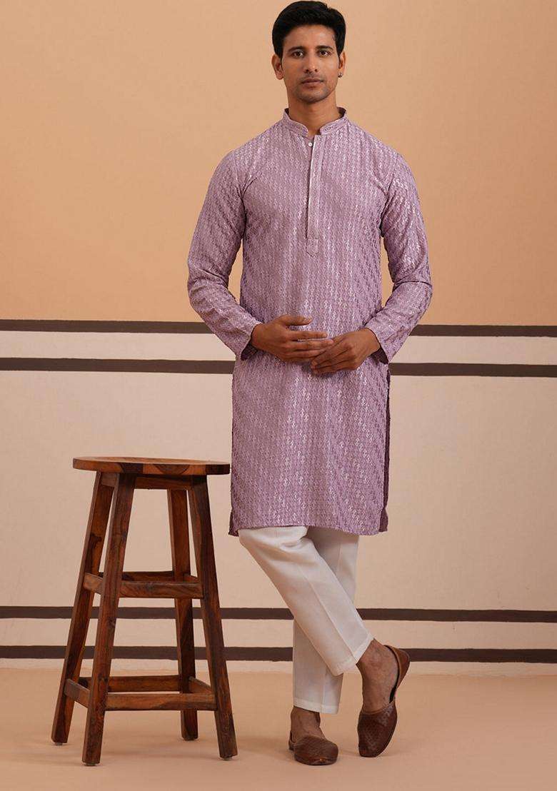 Purple Embroidery Viscose Kurta Pyjama Set For Men - Indya