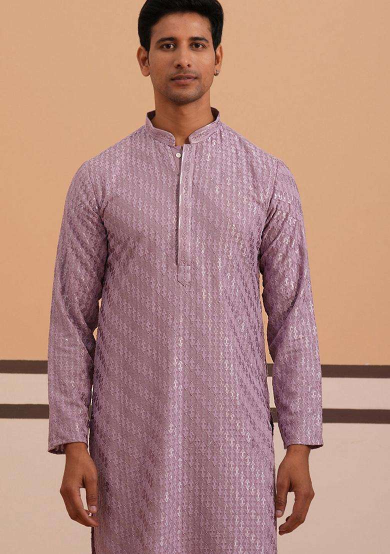 Purple Embroidery Viscose Kurta Pyjama Set For Men - Indya
