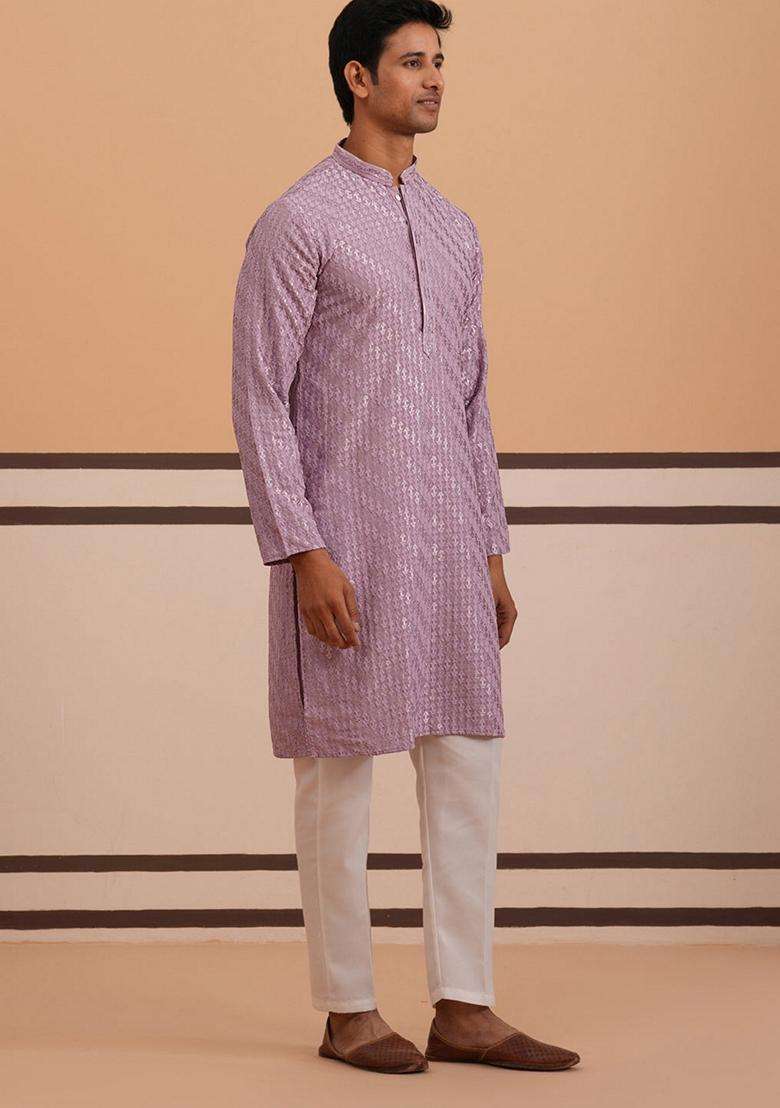 Purple Embroidery Viscose Kurta Pyjama Set For Men - Indya
