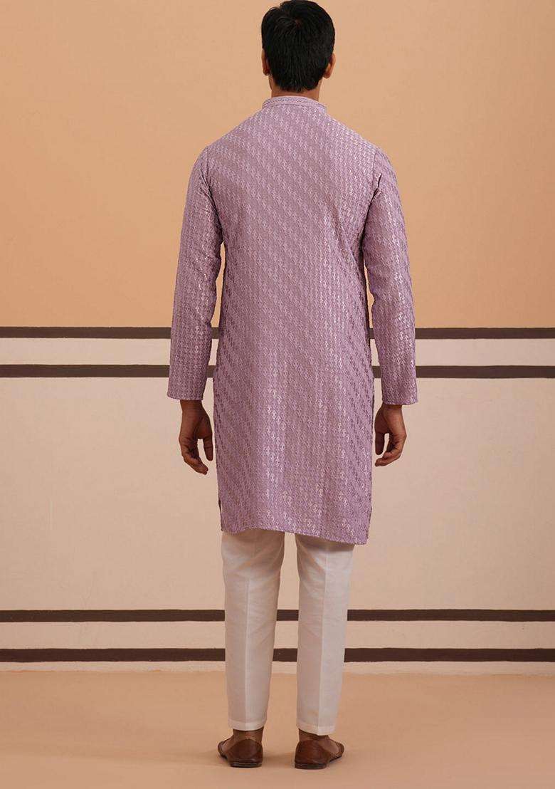 Purple Embroidery Viscose Kurta Pyjama Set For Men - Indya