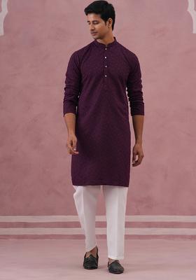 Purple Embroidery Cotton Kurta Pyjama Set For Men
