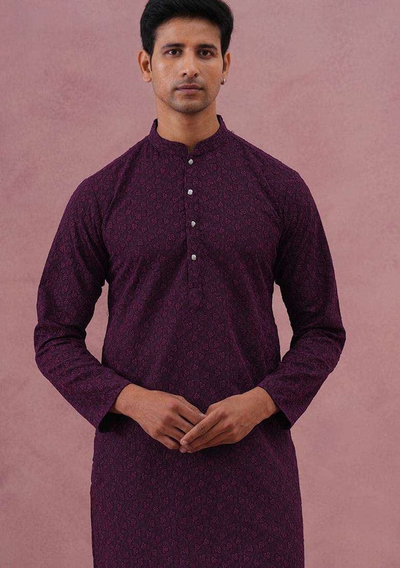 Purple Embroidery Cotton Kurta Pyjama Set For Men - Indya