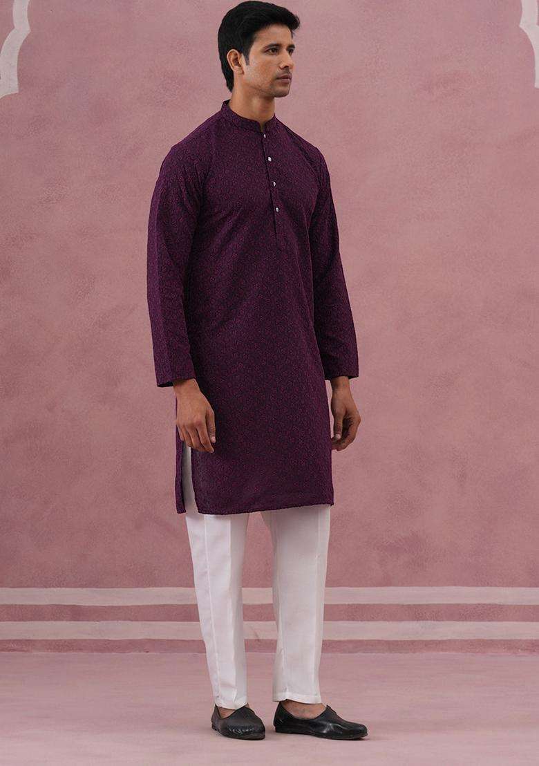 Purple Embroidery Cotton Kurta Pyjama Set For Men - Indya