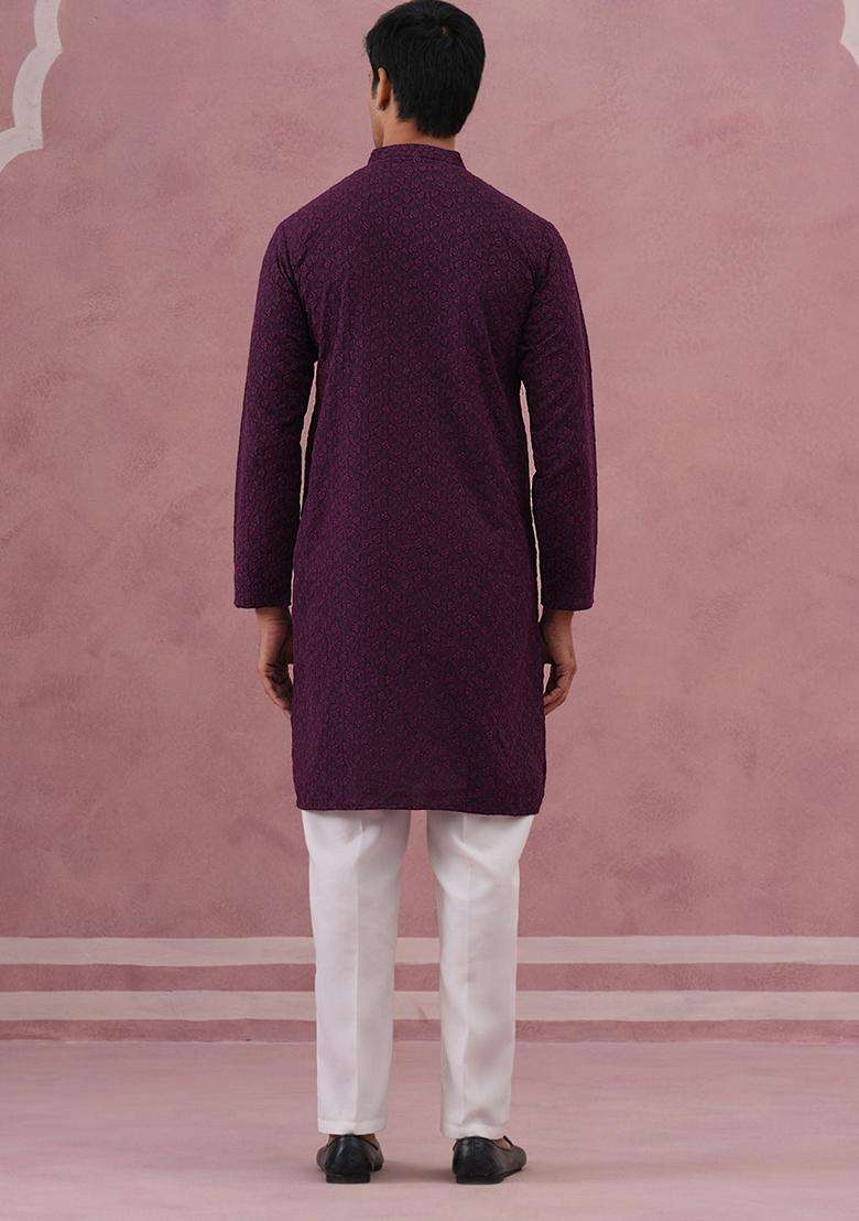 Purple Embroidery Cotton Kurta Pyjama Set For Men - Indya