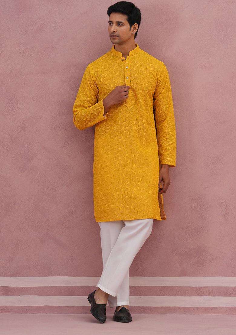 Yellow Embroidery Cotton Kurta Pyjama Set For Men - Indya