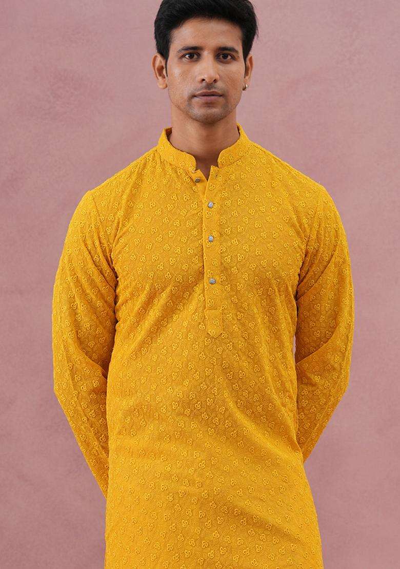Yellow Embroidery Cotton Kurta Pyjama Set For Men - Indya