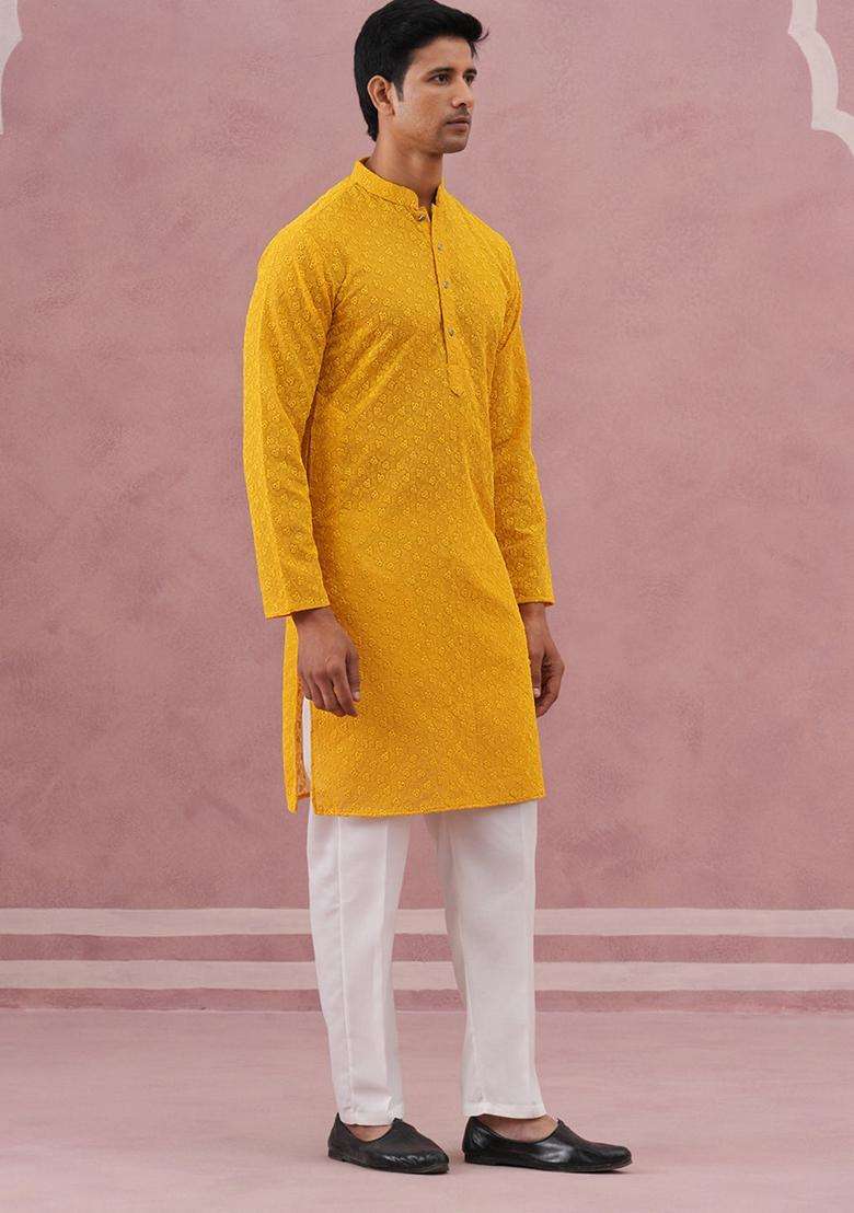 Yellow Embroidery Cotton Kurta Pyjama Set For Men - Indya