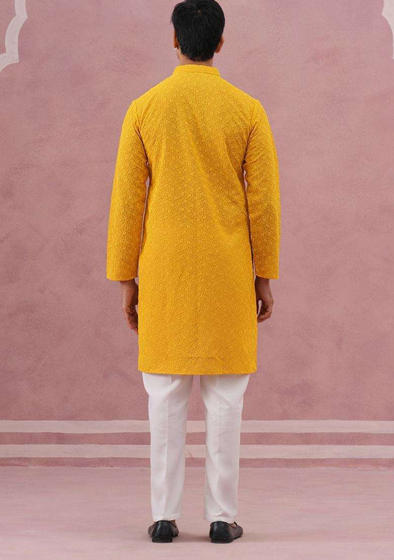 Yellow Embroidery Cotton Kurta Pyjama Set For Men - Indya